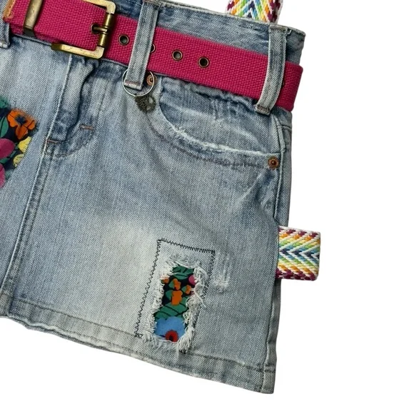 Handmade Upcycled Denim Floral Patch Mini Skirt Rainbow Strap Shoulder Bag - Picture 6 of 13